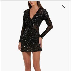 Mac Duggal Black Long Sleeve Sheer Embellished Mini Dress